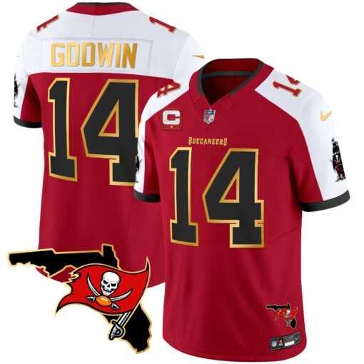 Mens Tampa Bay Buccaneers #14 Chris Godwin Red White With Florida Patch Gold Trim Vapor Stitched Jersey Dyin 500w